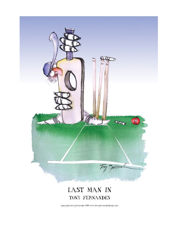 Last Man In by Tony Fernandes - England Test Cricket Cartoon signed print